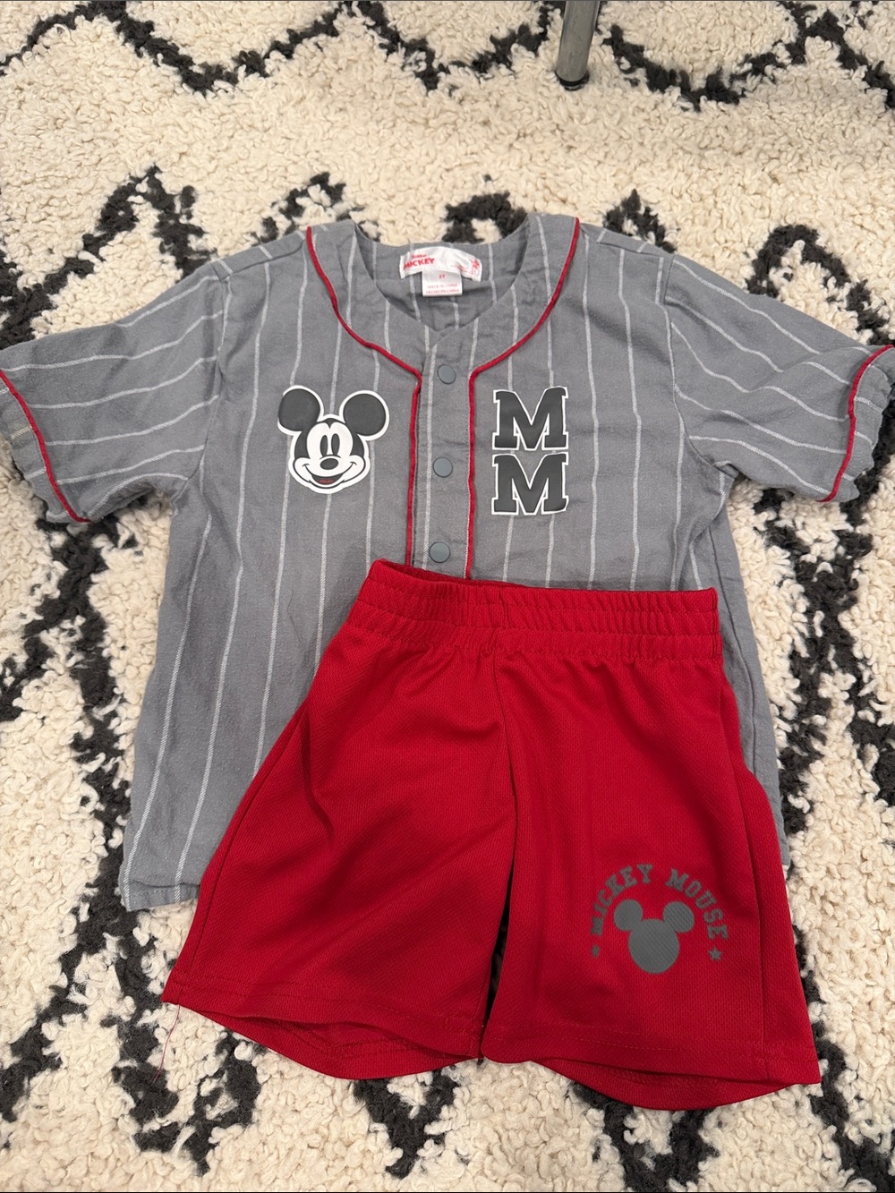 Disney Gray Pinstripe Top with Red Trim & Red Mickey Shorts